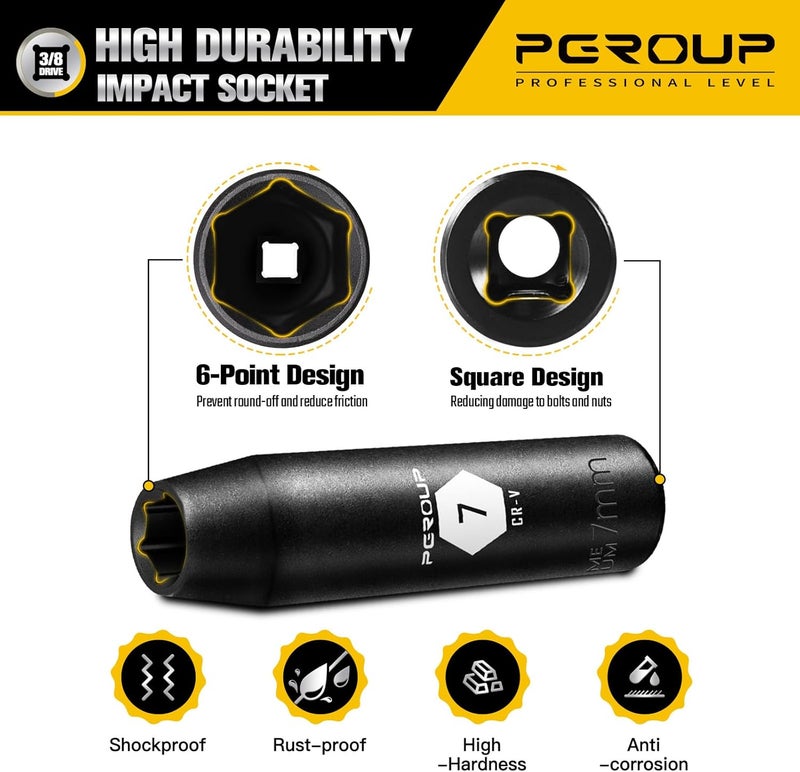 pgroup 3/8” Drive Deep Impact Socket, Metric(7mm socket), 6-Point, Cr-V Steel With Black Manganese Phosphate Coating - Image 4